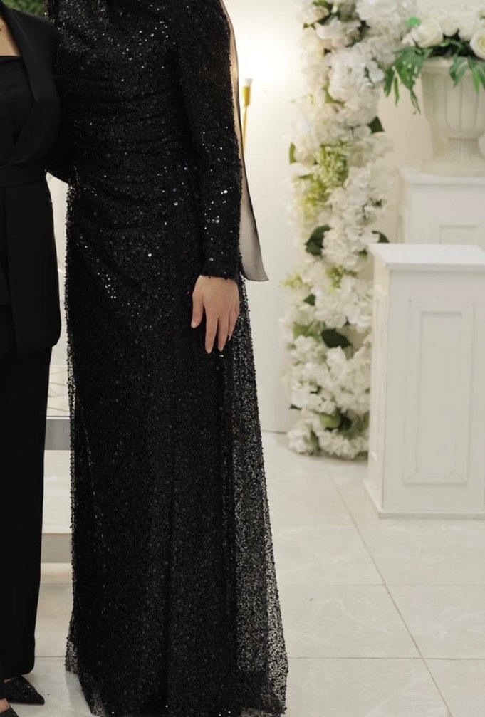 Siyah Uzun Kollu Drapeli Abiye Elbise - Görsel 2