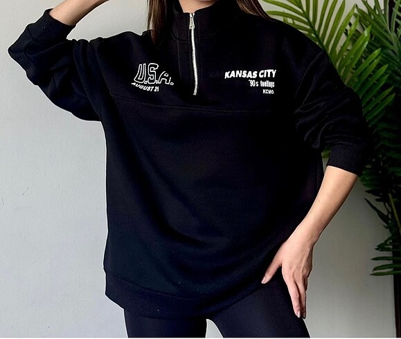 Diğer Oversize Yarım Fermuarlı Baskılı Sweatshirt