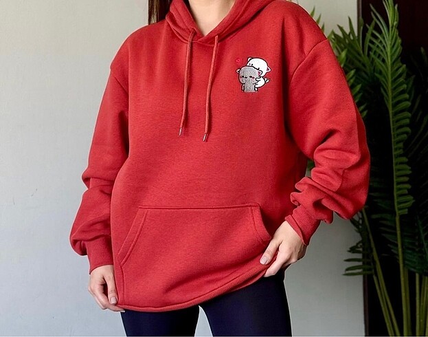 m Beden Oversize kedi nakışlı kanguru cep kapüşonlu sweatshirt
