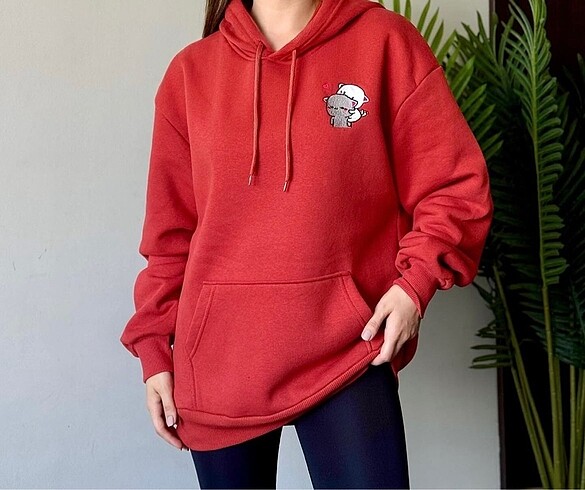 Oversize kedi nakışlı kanguru cep kapüşonlu sweatshirt