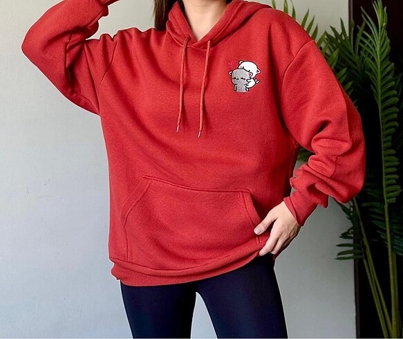 Diğer Oversize kedi nakışlı kanguru cep kapüşonlu sweatshirt