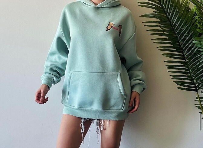 Oversize Kapüşonlu Nakışlı Kanguru Cepli Sweatshirt ?????????
