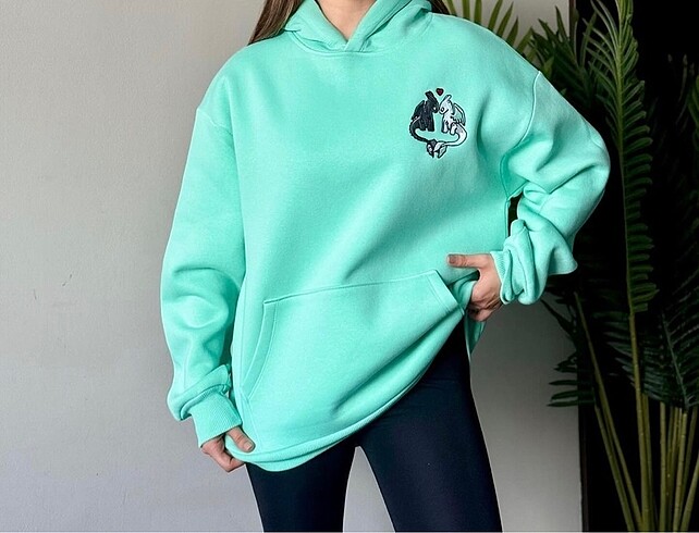 s Beden Ejderha Nakışlı Kapüşonlu Kanguru Cepli Sweatshirt ?????