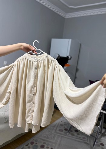 Bej Düğmeli Keten Kadın Gömlek - Görsel 3