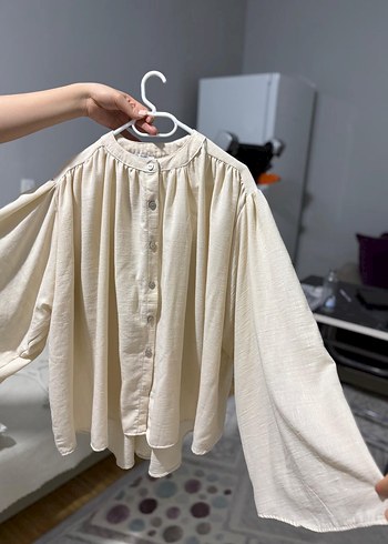 Bej Düğmeli Keten Kadın Gömlek - Görsel 2