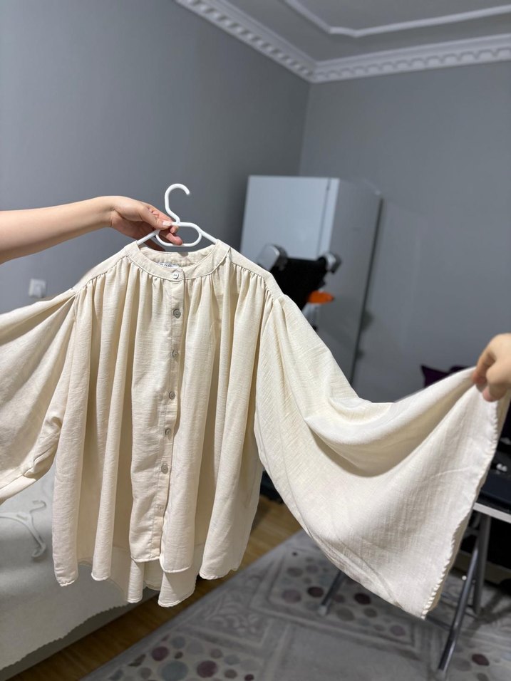 Bej Düğmeli Keten Kadın Gömlek - Görsel 3