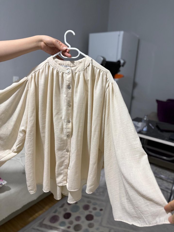 Bej Düğmeli Keten Kadın Gömlek - Görsel 2