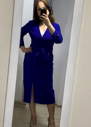 Saks Mavi 3/4 Kollu Kadın Klasik Elbise - Görsel 13