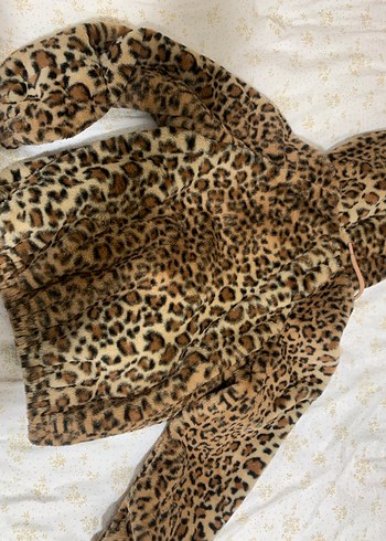 Leopar Desenli Peluş Kapüşonlu Ceket - Görsel 6
