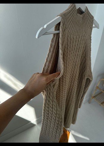 Bej Örme Yüksek Yakalı Kadın Elbise - Görsel 9