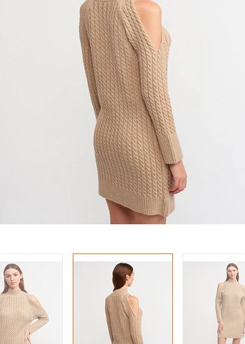 Bej Örme Yüksek Yakalı Kadın Elbise - Görsel 5