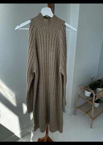 Bej Örme Yüksek Yakalı Kadın Elbise - Görsel 7