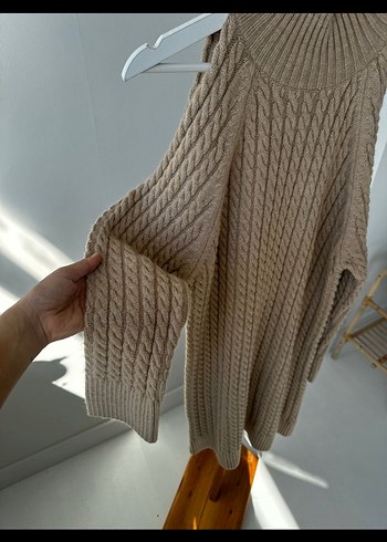 Bej Örme Yüksek Yakalı Kadın Elbise - Görsel 10