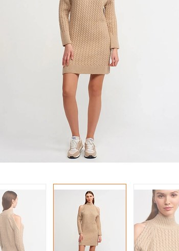 Bej Örme Yüksek Yakalı Kadın Elbise - Görsel 4