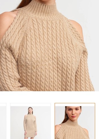 Bej Örme Yüksek Yakalı Kadın Elbise - Görsel 3