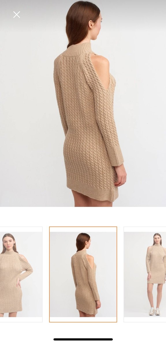 Bej Örme Yüksek Yakalı Kadın Elbise - Görsel 5