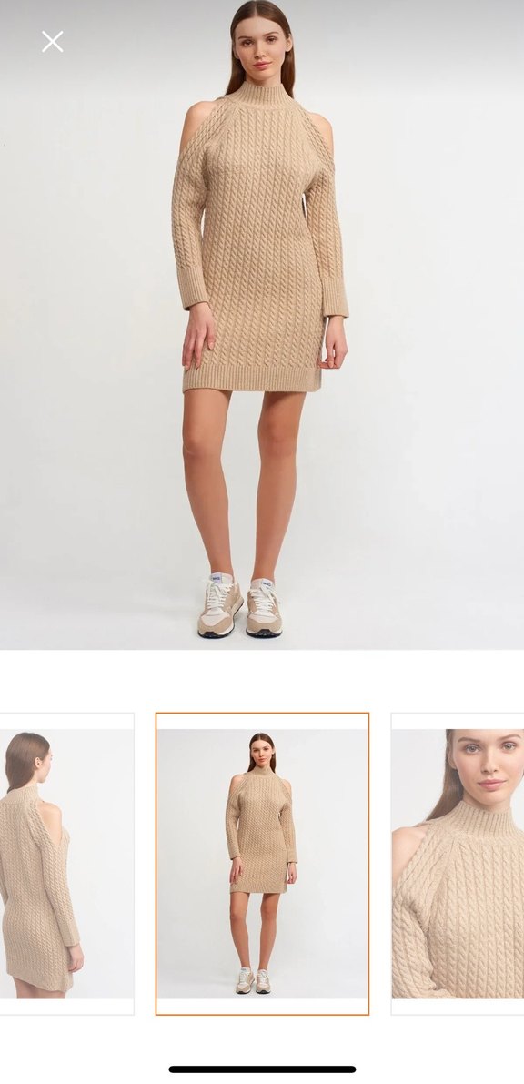 Bej Örme Yüksek Yakalı Kadın Elbise - Görsel 4