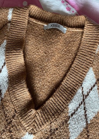 XSIDE V Yaka Desenli Kadın Triko  Nakışlı Örgü Süveter - Görsel 7