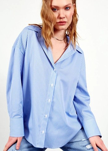 Mavi Çizgili Saten Gömlek - Görsel 5