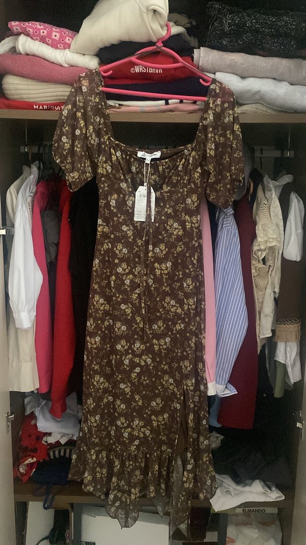 Şeffaf Tül Detaylı Kahverengi Yılan Desenli Uzun Elbise - Görsel 2