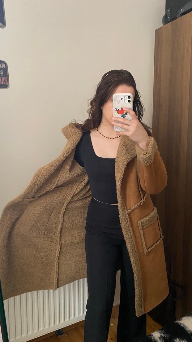 Kahverengi Süet Kadın kaban - Görsel 3