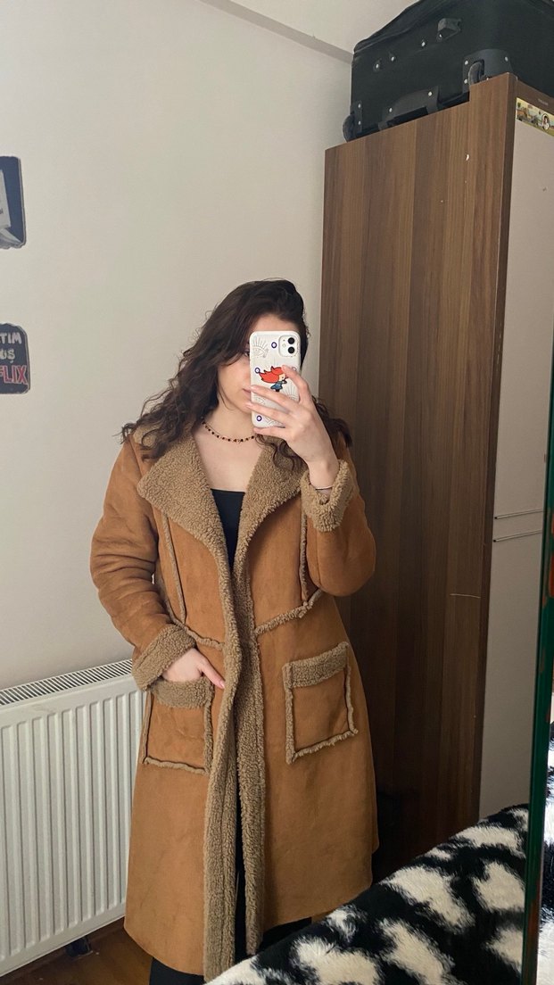 Kahverengi Süet Kadın kaban - Görsel 5