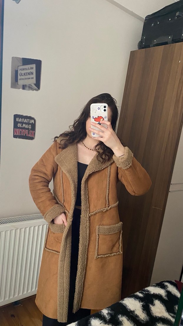 Kahverengi Süet Kadın kaban - Görsel 4