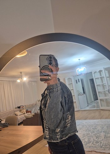 s Beden gri Renk Gri Yıkamalı Salaş Denim Ceket