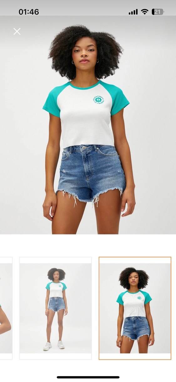 Turkuaz Baskılı Denim Kısa Kollu Tişört - Görsel 3