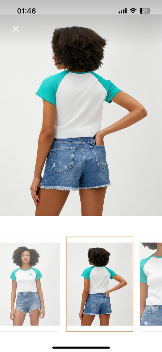 Turkuaz Baskılı Denim Kısa Kollu Tişört - Görsel 4