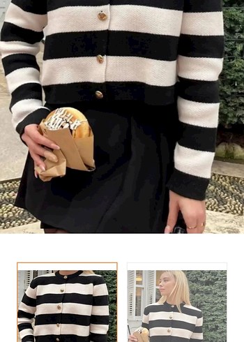 Düğmeli Siyah Beyaz Çizgili Kadın Hırka - Görsel 2