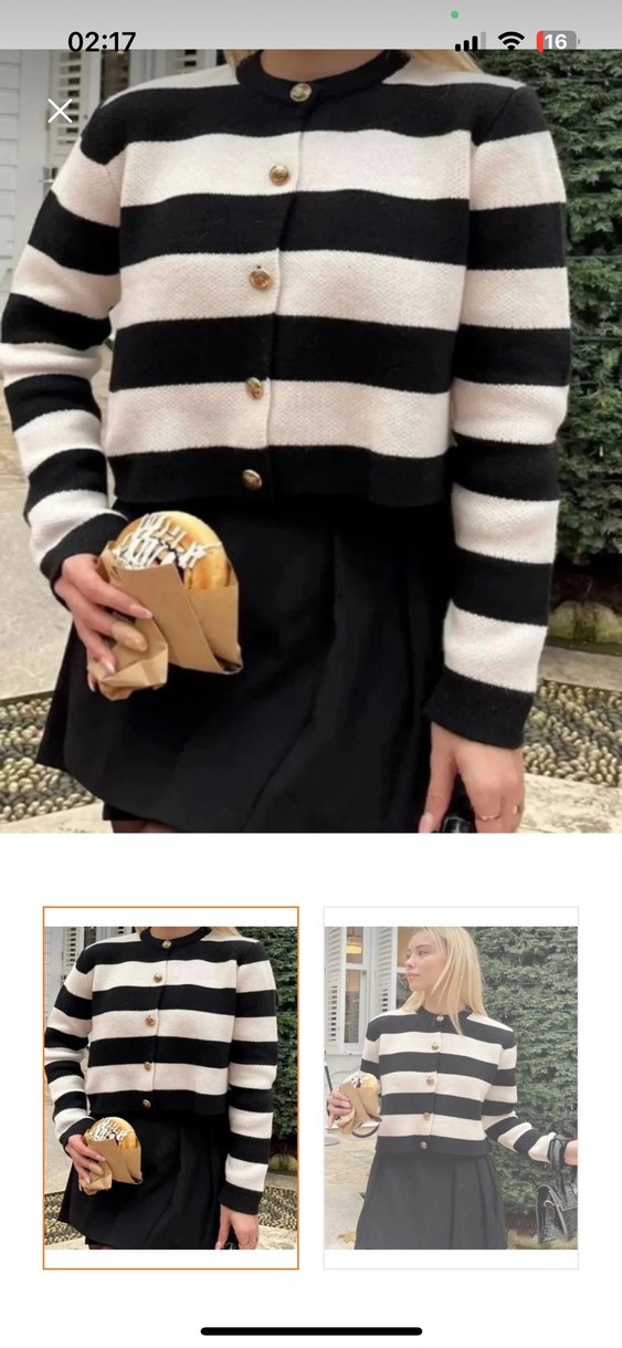 Düğmeli Siyah Beyaz Çizgili Kadın Hırka - Görsel 2