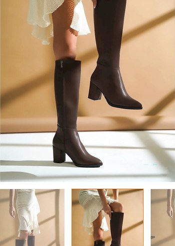 Kahverengi Deri Dizüstü Stiletto Çizme - Görsel 2