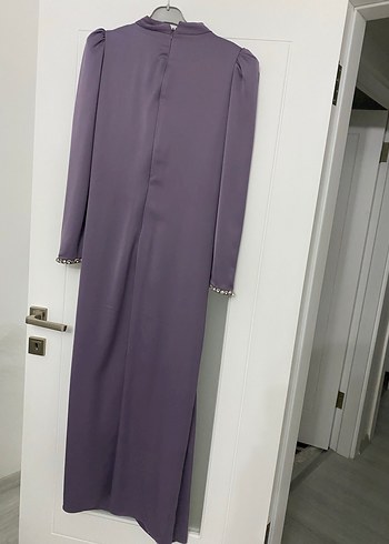 Uzun Kollu Mor Drapeli Abiye Elbise ACİL SATİLİK - Görsel 4