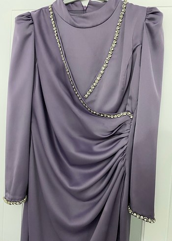 Uzun Kollu Mor Drapeli Abiye Elbise ACİL SATİLİK - Görsel 2