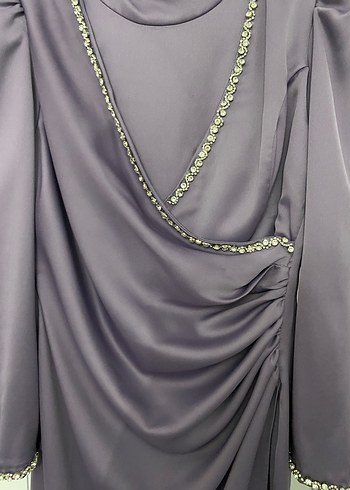 Uzun Kollu Mor Drapeli Abiye Elbise ACİL SATİLİK - Görsel 3