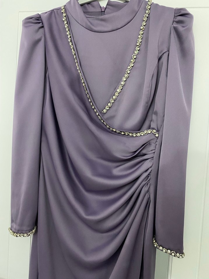 Uzun Kollu Mor Drapeli Abiye Elbise ACİL SATİLİK - Görsel 2