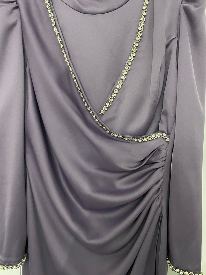 Uzun Kollu Mor Drapeli Abiye Elbise ACİL SATİLİK - Görsel 3