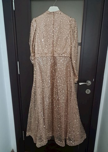 Bej Parlak Uzun Kollu Kadın Abiye Elbise ACİL SATİLİK - Görsel 3