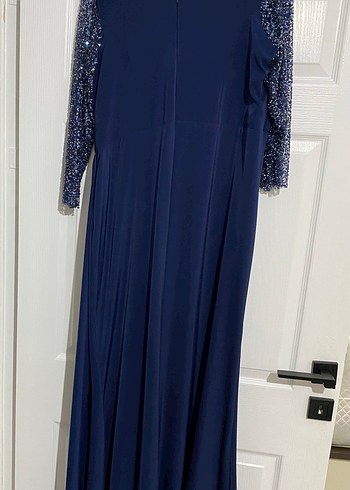 Lacivert Drapeli Uzun Kollu Abiye Elbise - Görsel 2