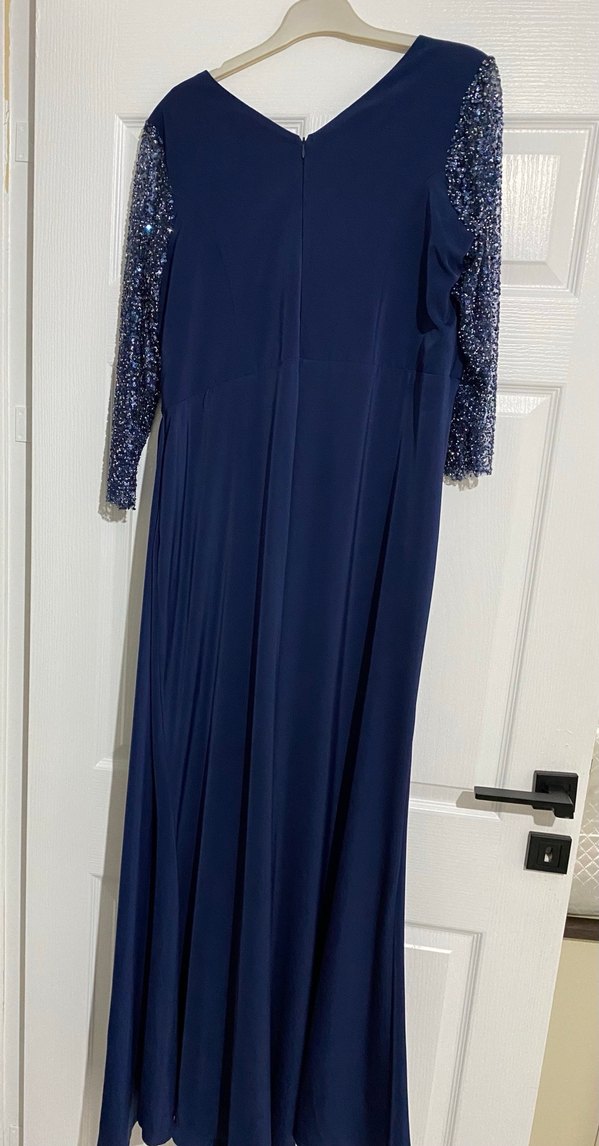 Lacivert Drapeli Uzun Kollu Abiye Elbise - Görsel 2