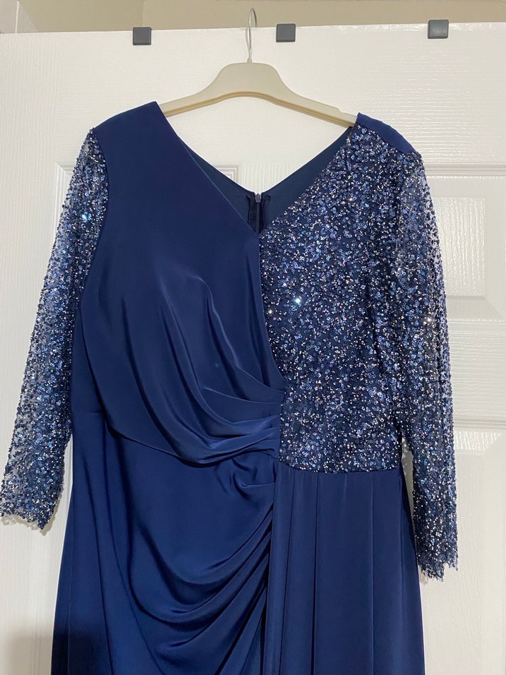 Lacivert Drapeli Uzun Kollu Abiye Elbise - Görsel 3