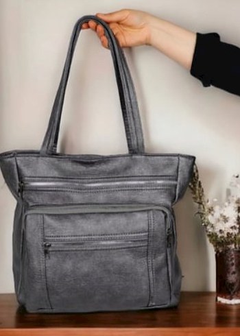 Gri Deri Kadın Omuz Çantası - Görsel 9