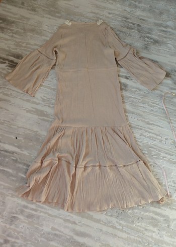 First Change Bej Bohem V Yaka Uzun Keten Elbise - Görsel 5