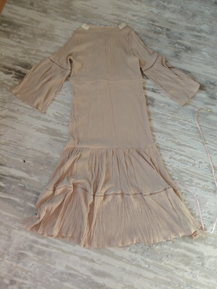 First Change Bej Bohem V Yaka Uzun Keten Elbise - Görsel 5