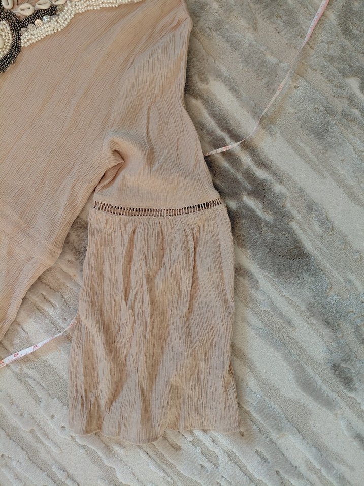First Change Bej Bohem V Yaka Uzun Keten Elbise - Görsel 3