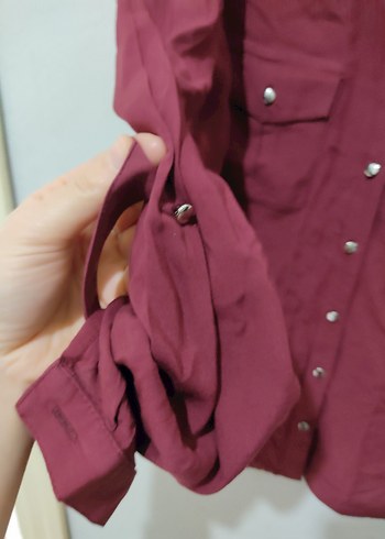 Bordo Düğmeli penye Kadın Gömlek - Görsel 2