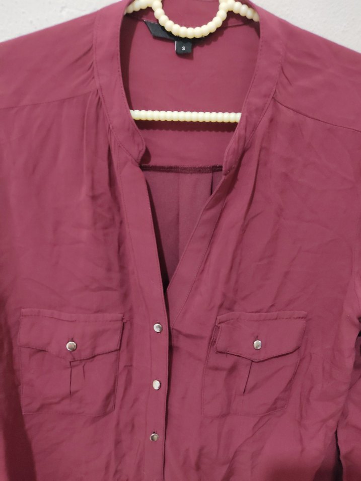 Bordo Düğmeli penye Kadın Gömlek - Görsel 3