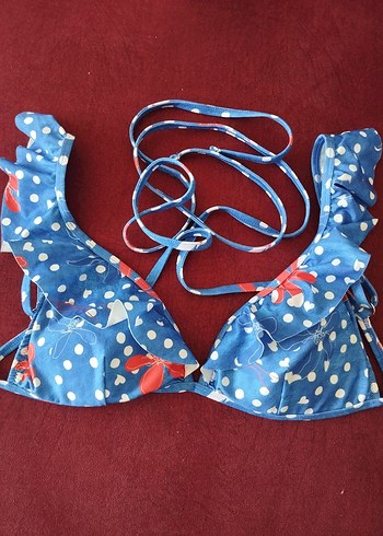 Mavi Puantiyeli Fırfırlı Bohem Bikini Üstü