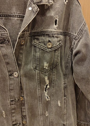 Gri oversize Kadın Denim Ceket - Görsel 3